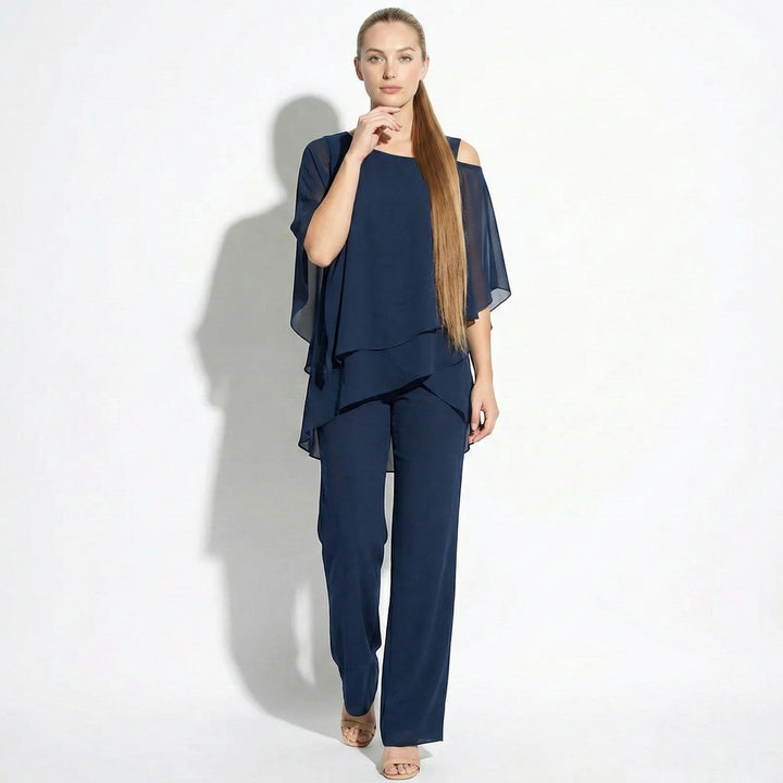 Bianca - Women's 2 - Piece Trouser Set with Layered Sleeves - Set - Dark Blue - Davies & Cooper
