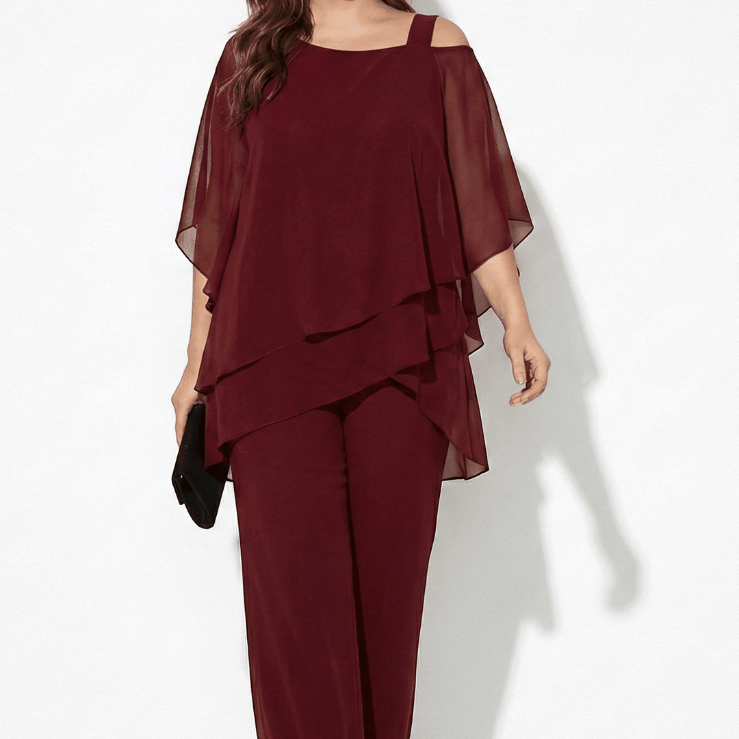 Bianca - Women's 2 - Piece Trouser Set with Layered Sleeves - Set - Burgundy - Davies & Cooper