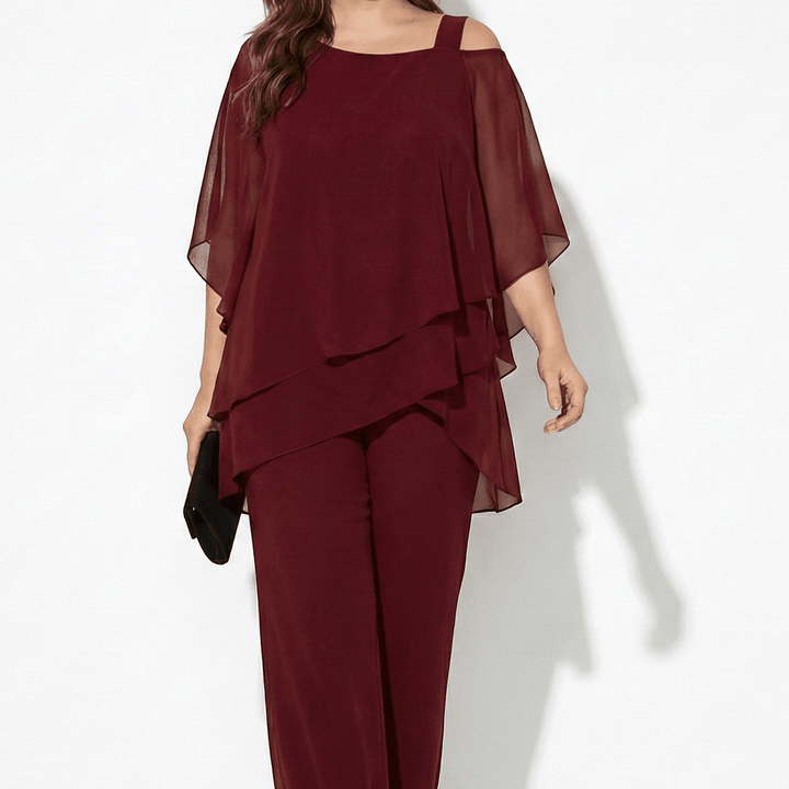 Bianca - Women's 2 - Piece Trouser Set with Layered Sleeves - Set - Burgundy - Davies & Cooper