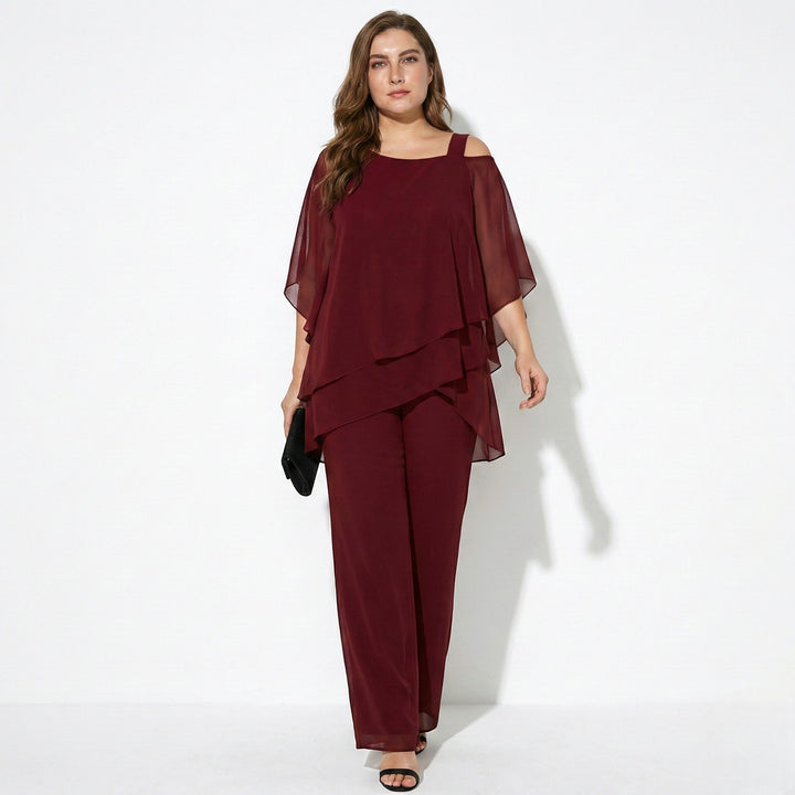 Bianca - Women's 2 - Piece Trouser Set with Layered Sleeves - Set - Burgundy - Davies & Cooper
