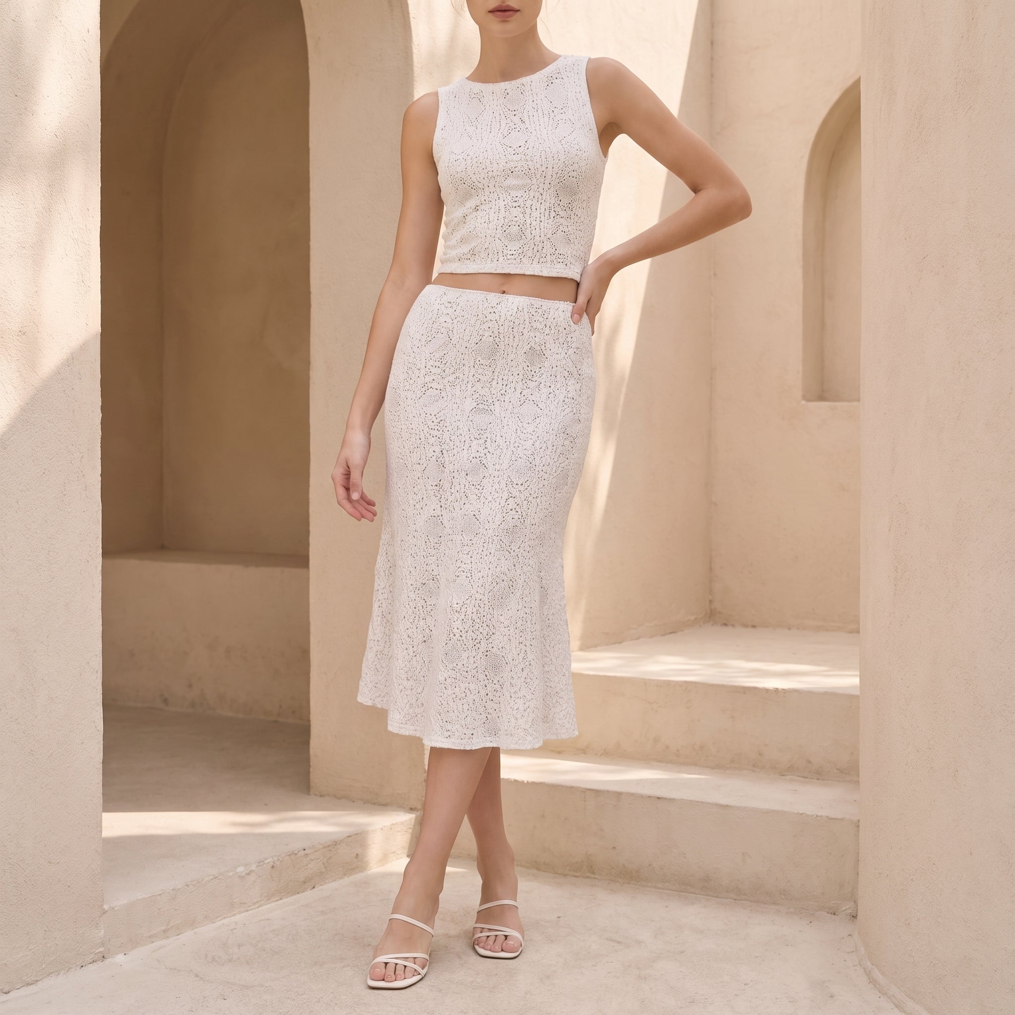 Bianca - Women's Summer Lace Crochet Midi Skirt Co-ord Set - Outfit set - White - Davies & Cooper