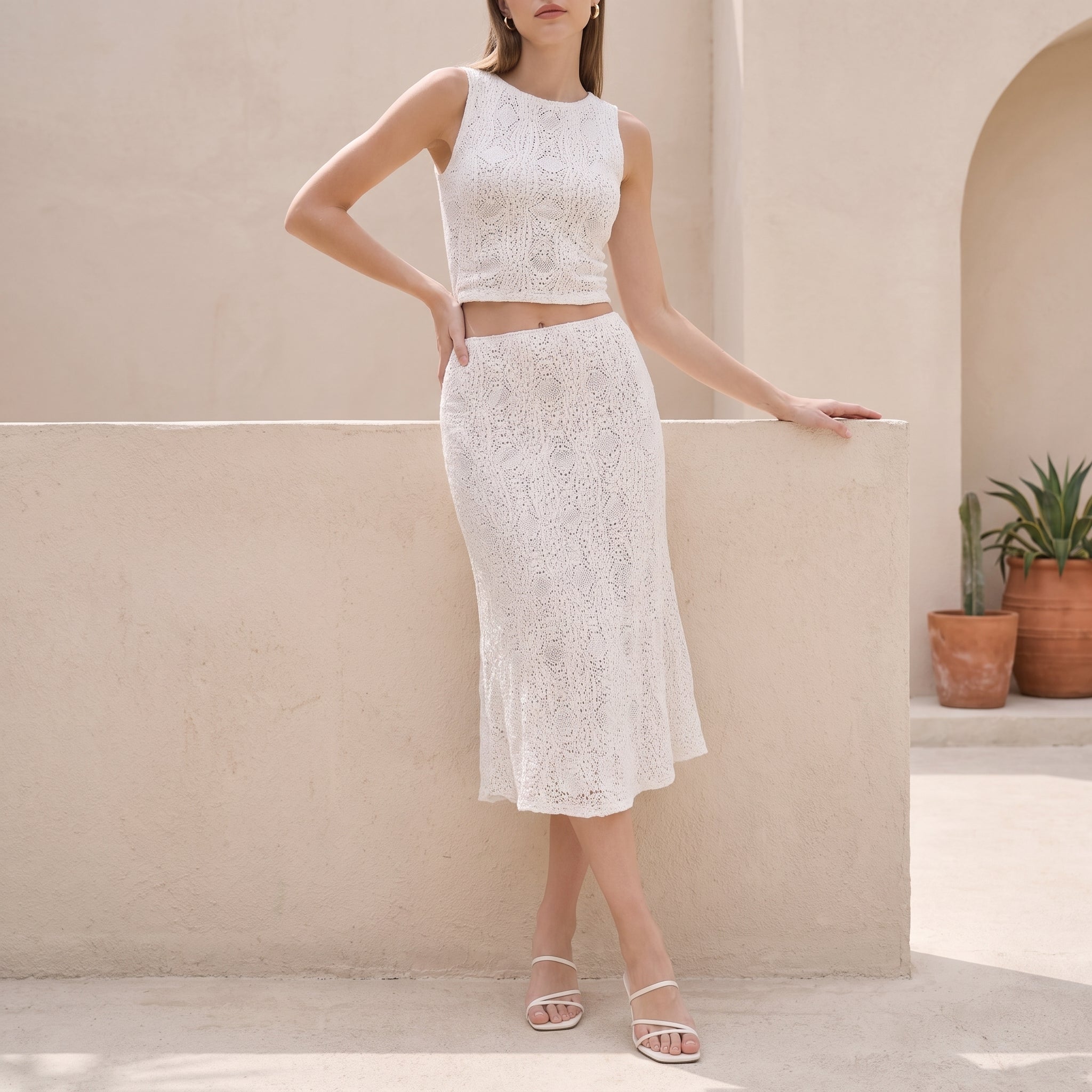 Bianca - Women's Summer Lace Crochet Midi Skirt Co-ord Set - Outfit set - White - Davies & Cooper