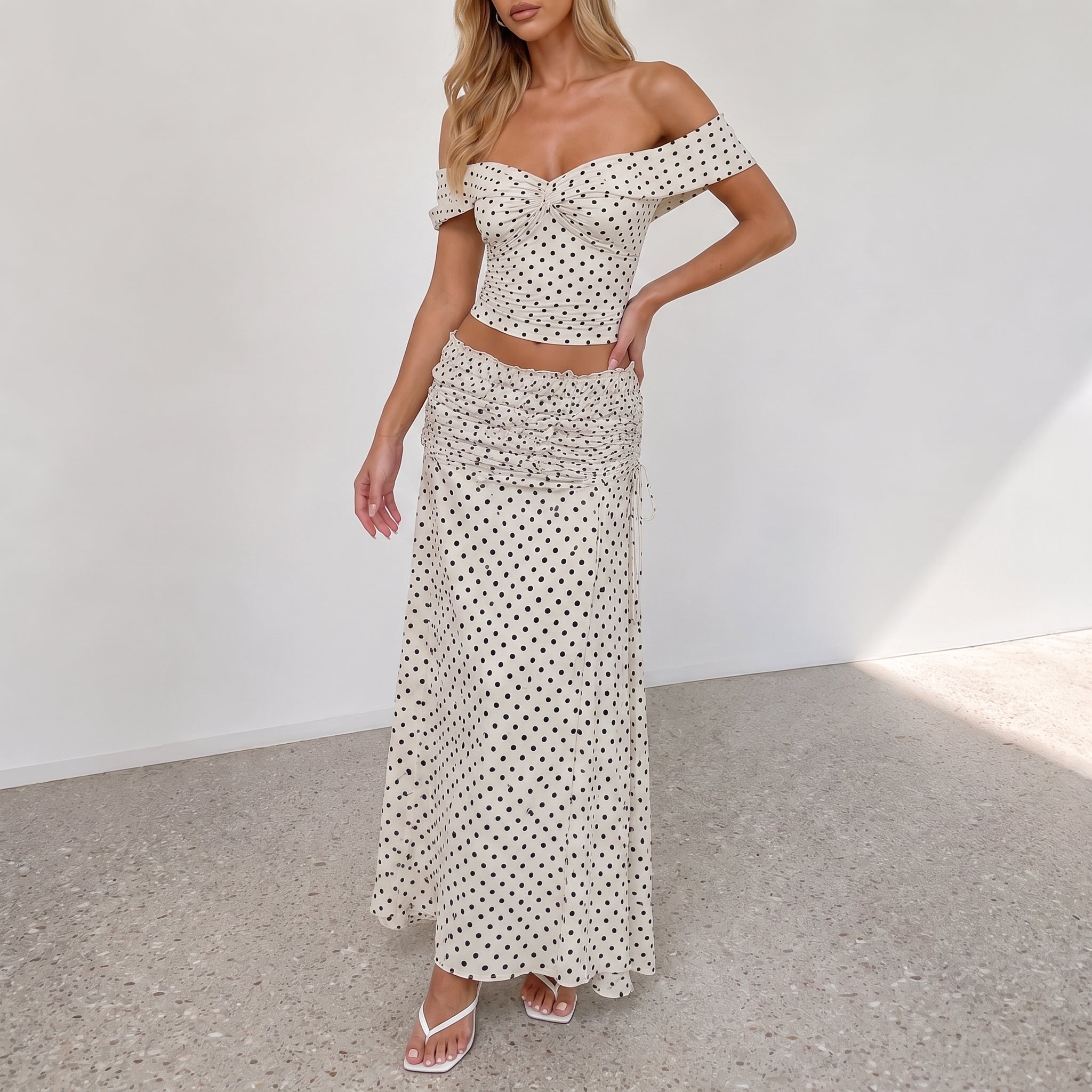 Bianca - Women's Summer Polka Dot Ruched Maxi Skirt Set - Outfit set - White - Davies & Cooper