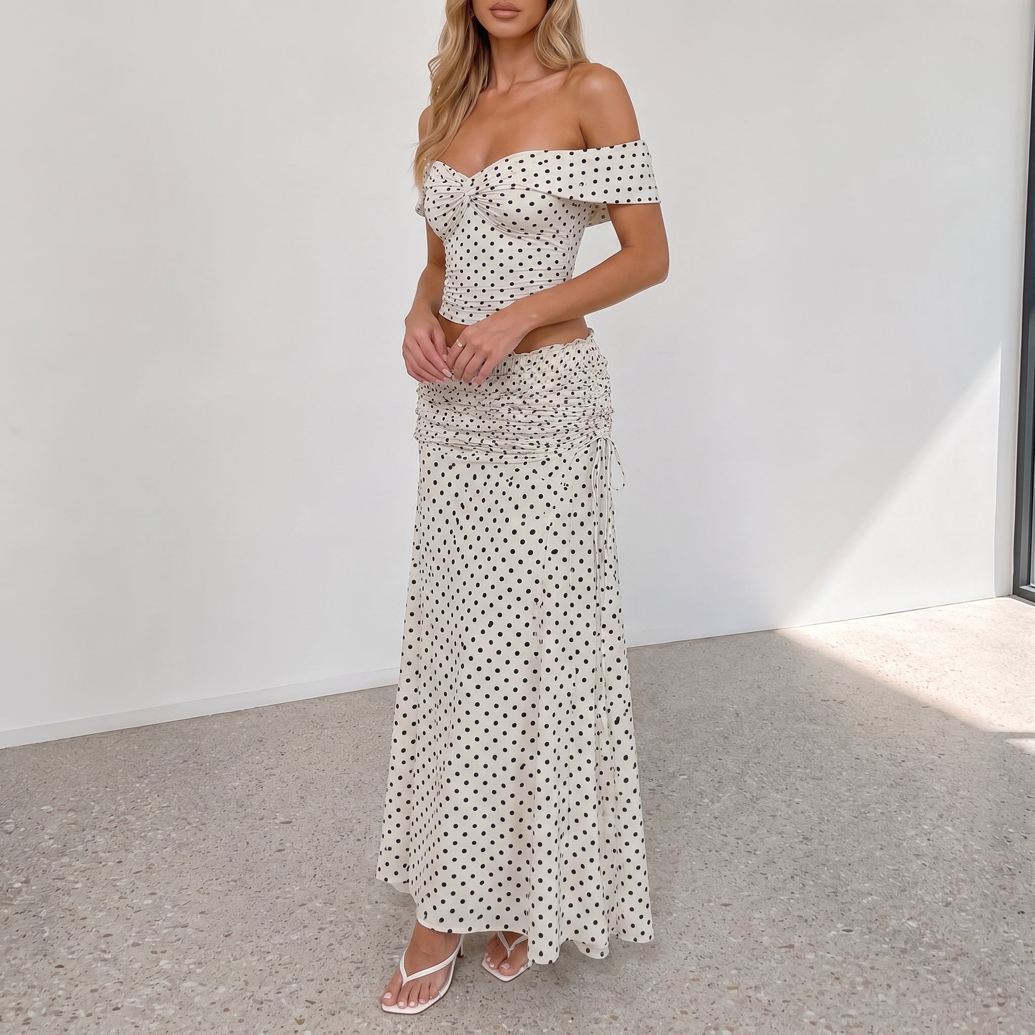 Bianca - Women's Summer Polka Dot Ruched Maxi Skirt Set - Outfit set - White - Davies & Cooper