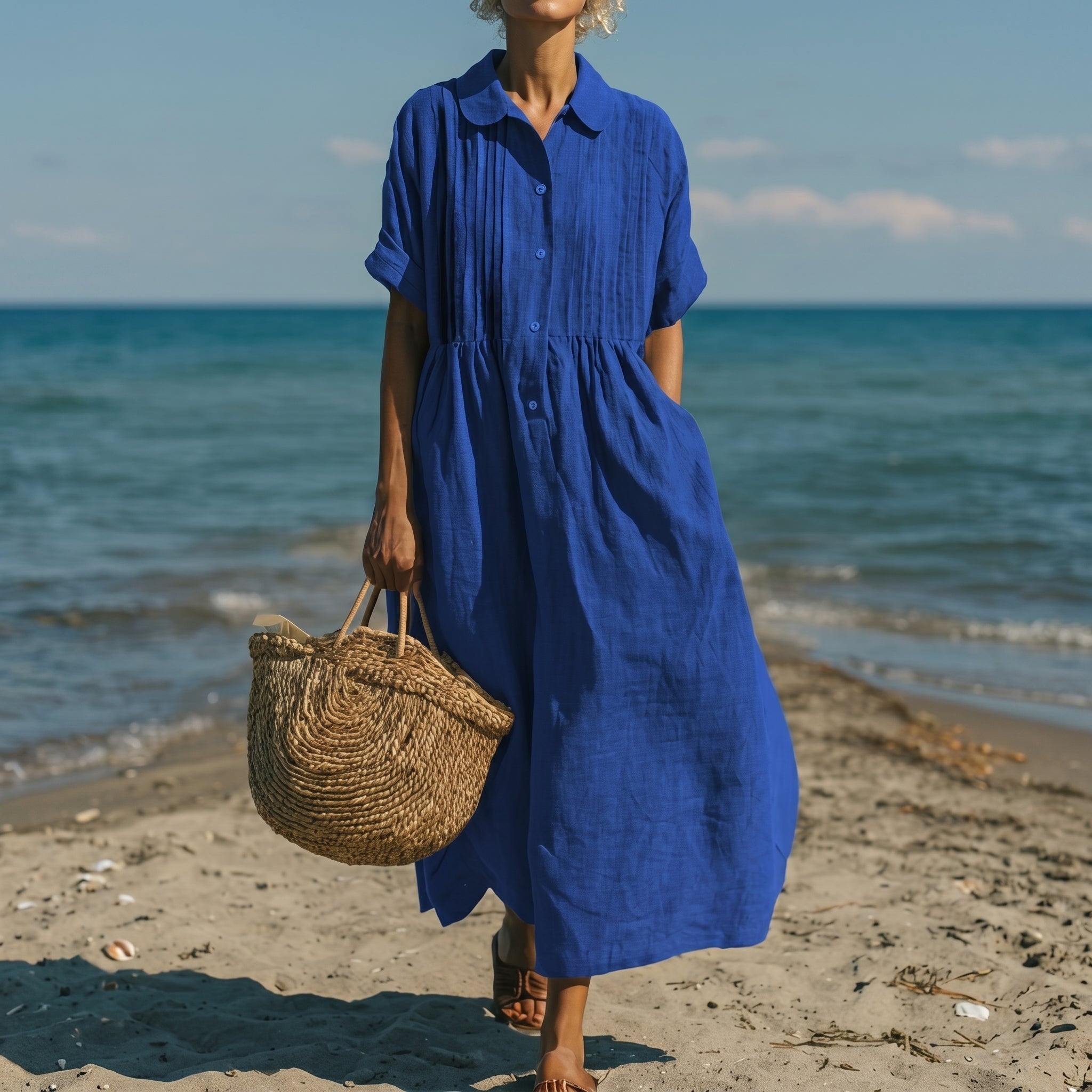 Brigitte - Women's Summer Pintuck Collared Midi Shirt Dress - Dresses - Blue - Davies & Cooper