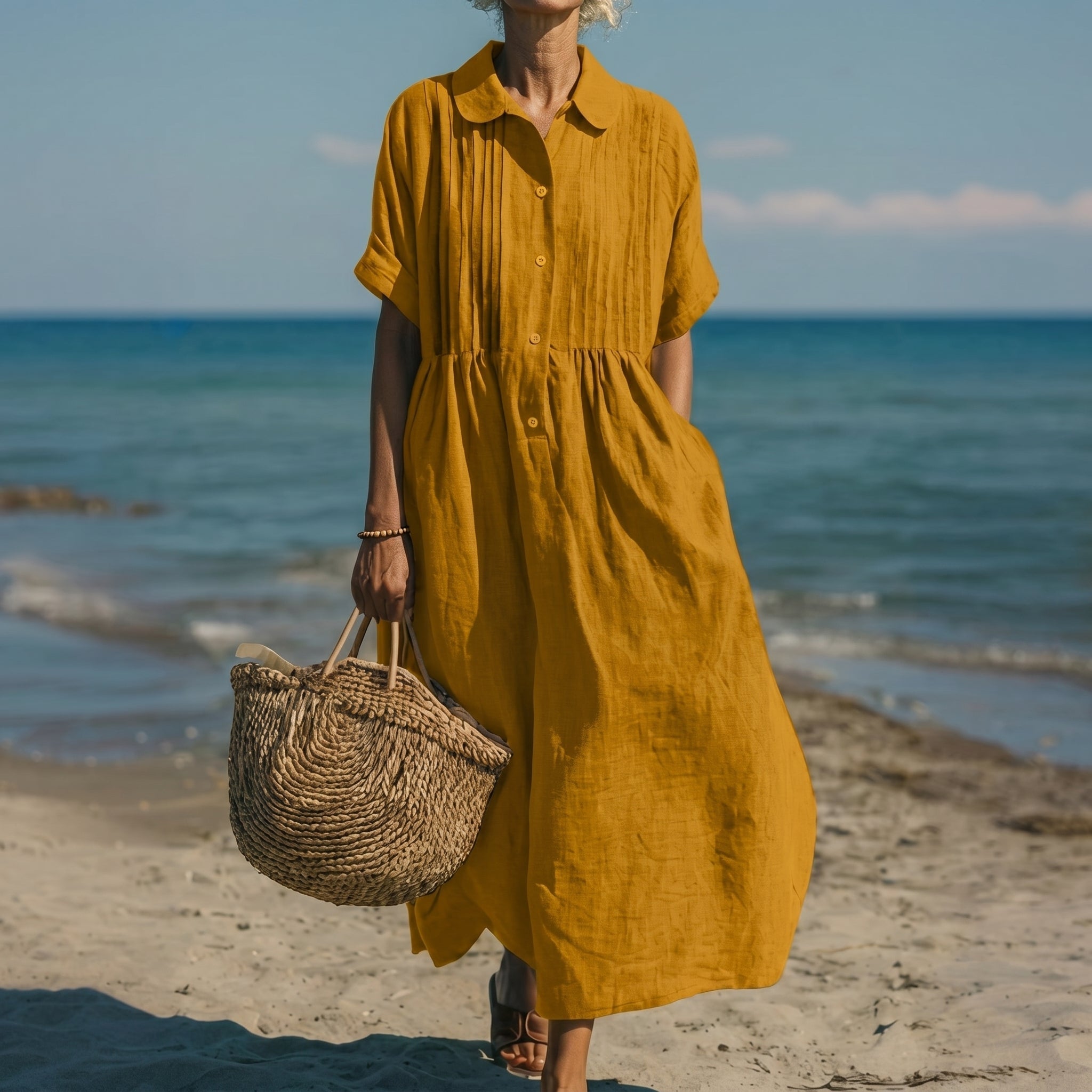 Brigitte - Women's Summer Pintuck Collared Midi Shirt Dress - Dresses - Mustard - Davies & Cooper