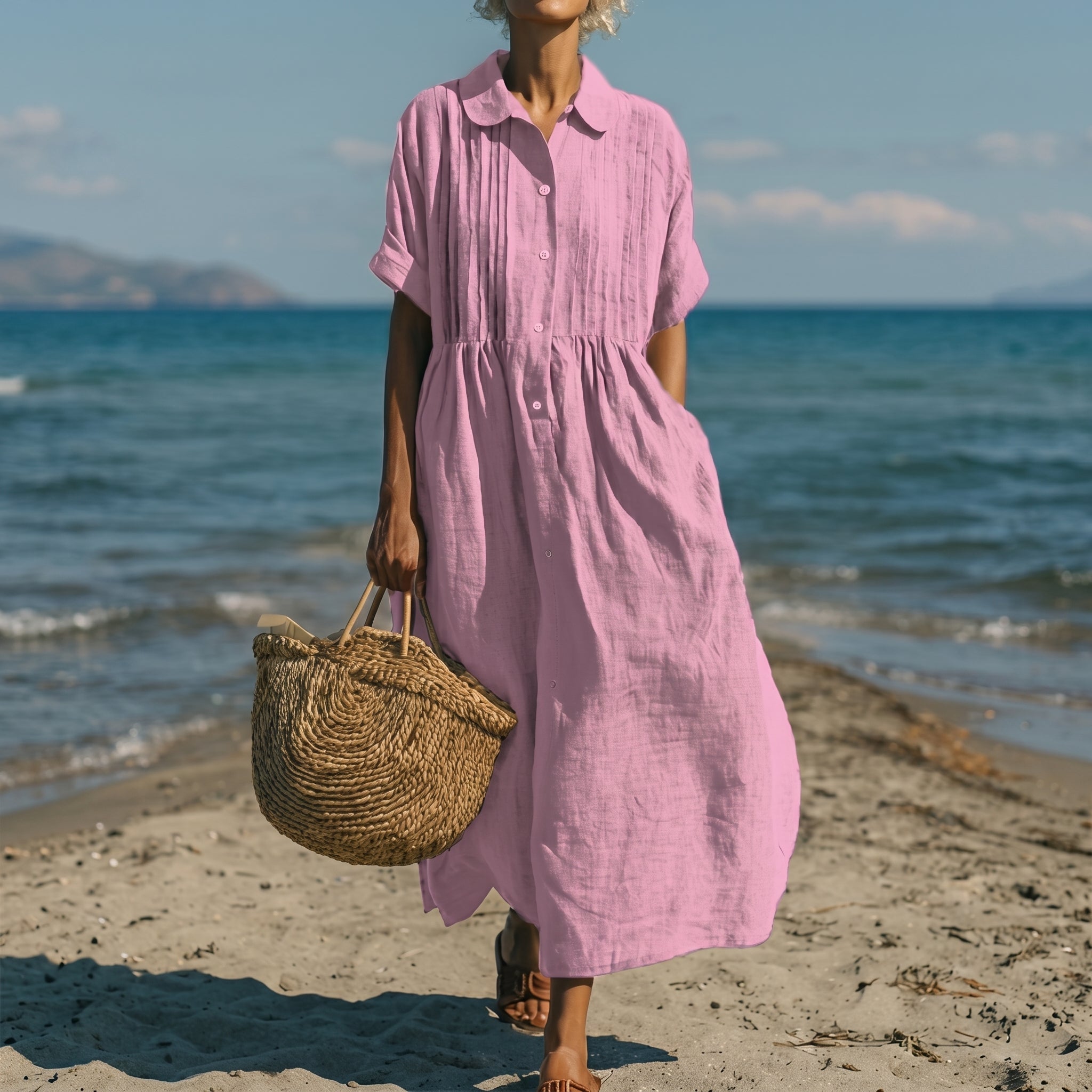 Brigitte - Women's Summer Pintuck Collared Midi Shirt Dress - Dresses - Pink - Davies & Cooper