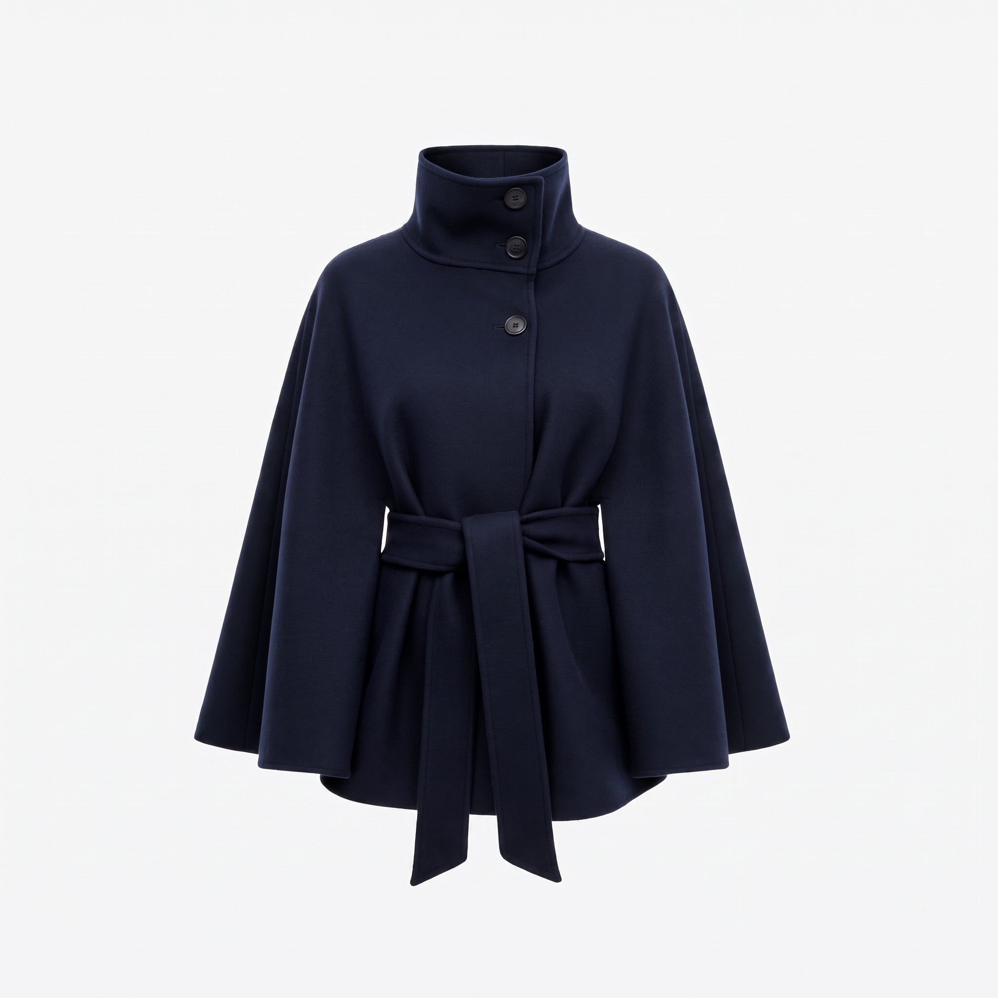Olivia - Women's Belted Cape Coat with High-Neck Button Collar