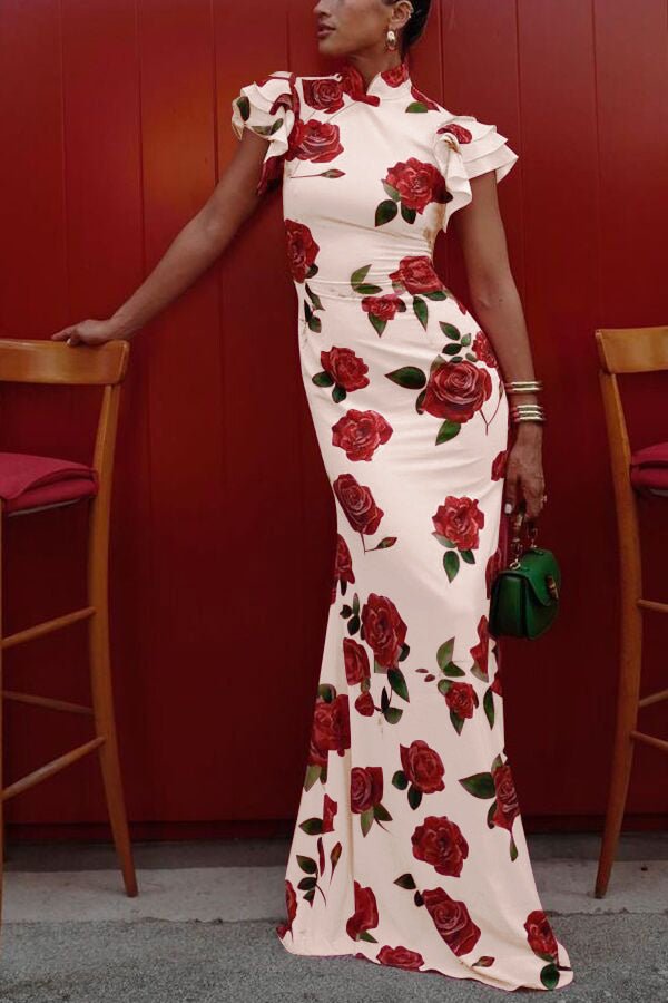 Clara - Women's Floral Ruffle Sleeve Fitted Maxi Dress with High Neck