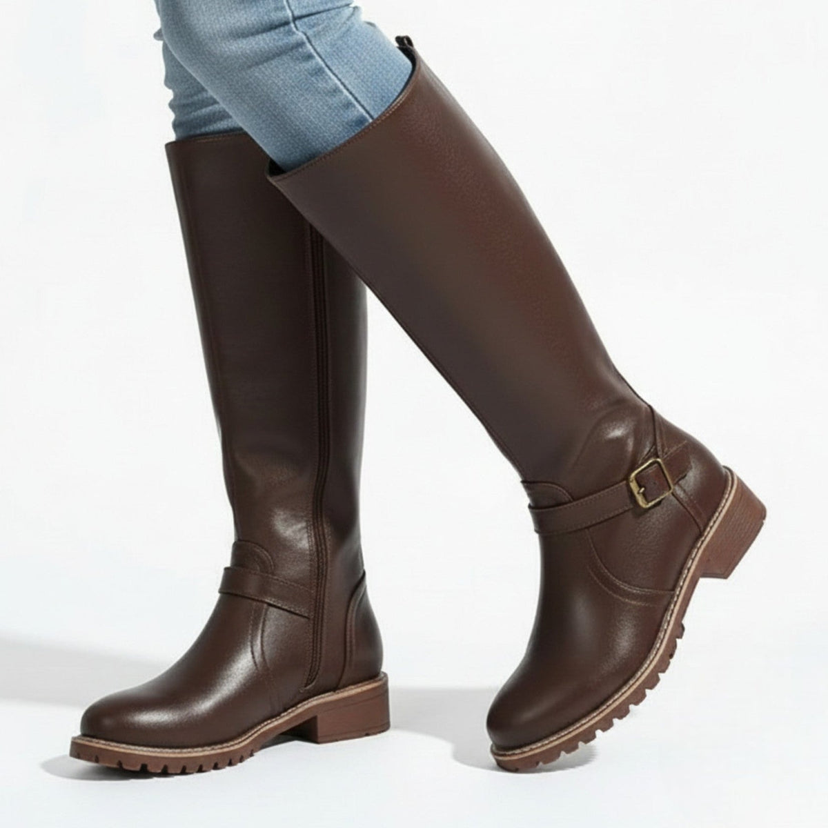 Camila – Women's Leather Knee-High Buckle Boots - Leather Boots - Coffee - Davies & Cooper
