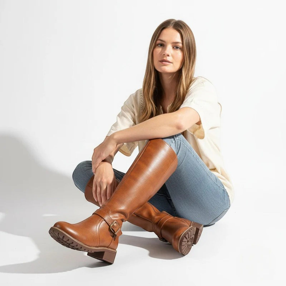 Camila – Women's Leather Knee-High Buckle Boots - Leather Boots - Brown - Davies & Cooper