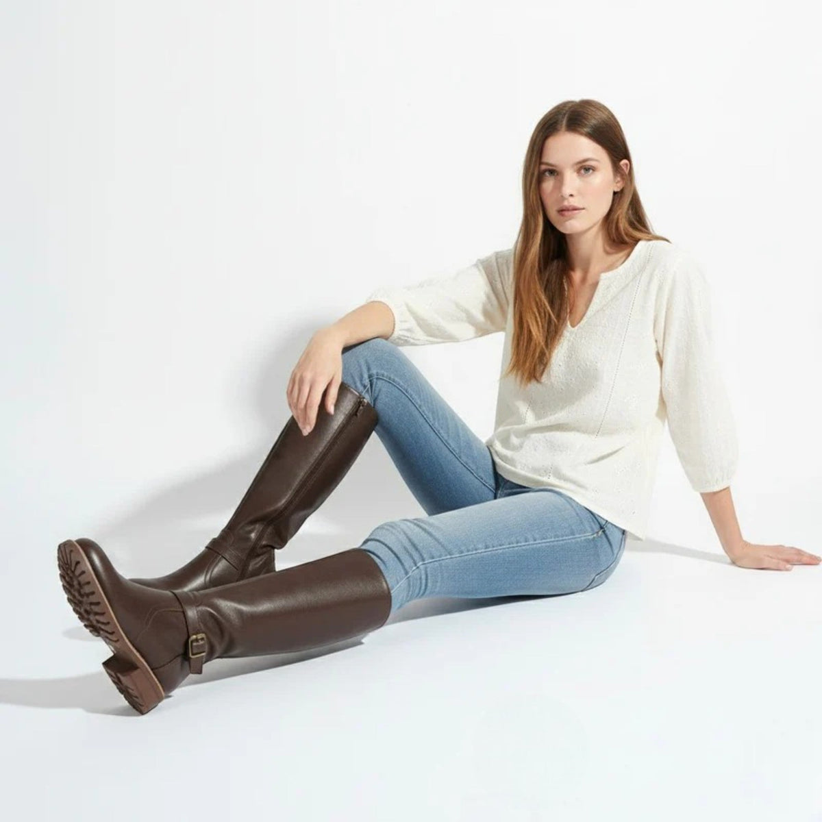 Camila – Women's Leather Knee-High Buckle Boots - Leather Boots - Coffee - Davies & Cooper