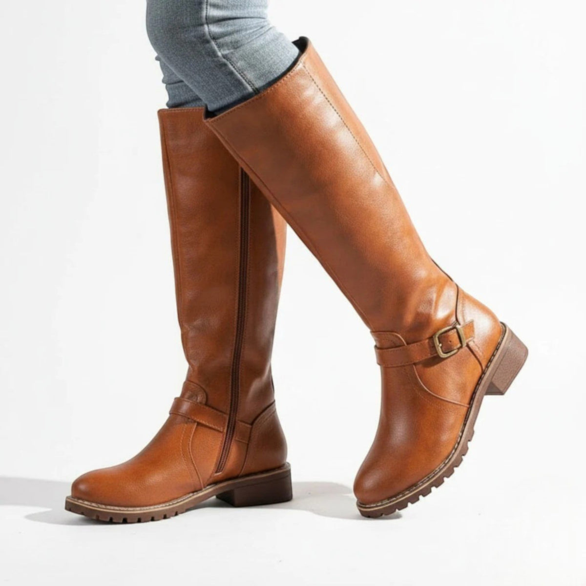 Camila – Women's Leather Knee-High Buckle Boots - Leather Boots - Brown - Davies & Cooper