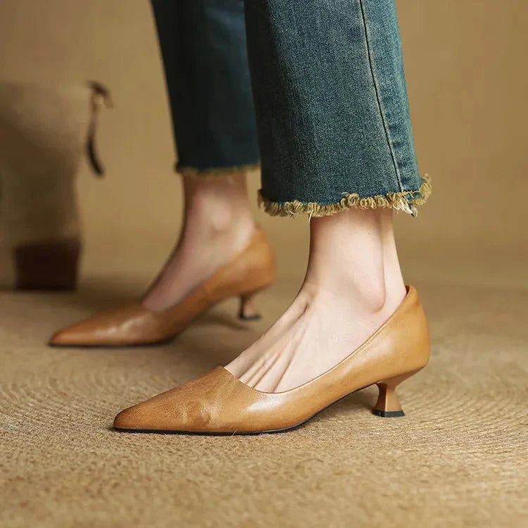 Camille - Women's Pointed Toe Low Kitten Heel - Sandals - Brown - Davies & Cooper