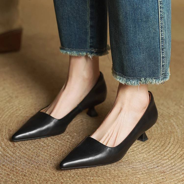 Camille - Women's Pointed Toe Low Kitten Heel - Sandals - Black - Davies & Cooper