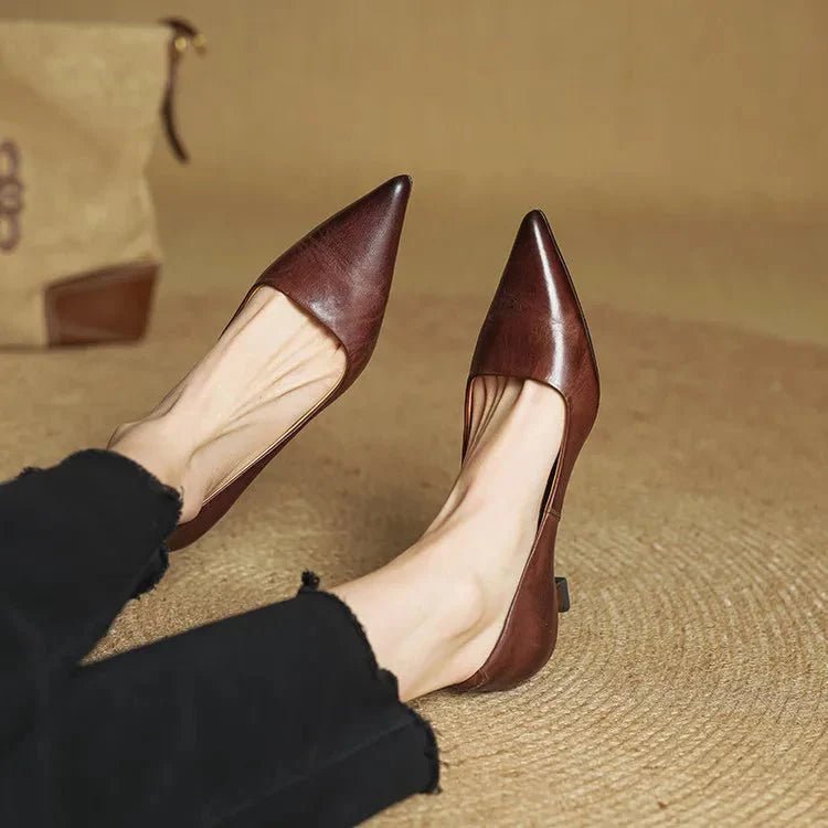 Camille - Women's Pointed Toe Low Kitten Heel - Sandals - Brown - Davies & Cooper