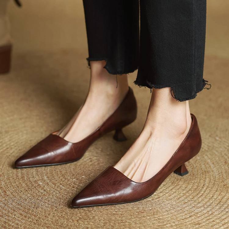 Camille - Women's Pointed Toe Low Kitten Heel - Sandals - Brown - Davies & Cooper