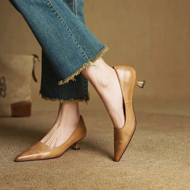 Camille - Women's Pointed Toe Low Kitten Heel - Sandals - Brown - Davies & Cooper