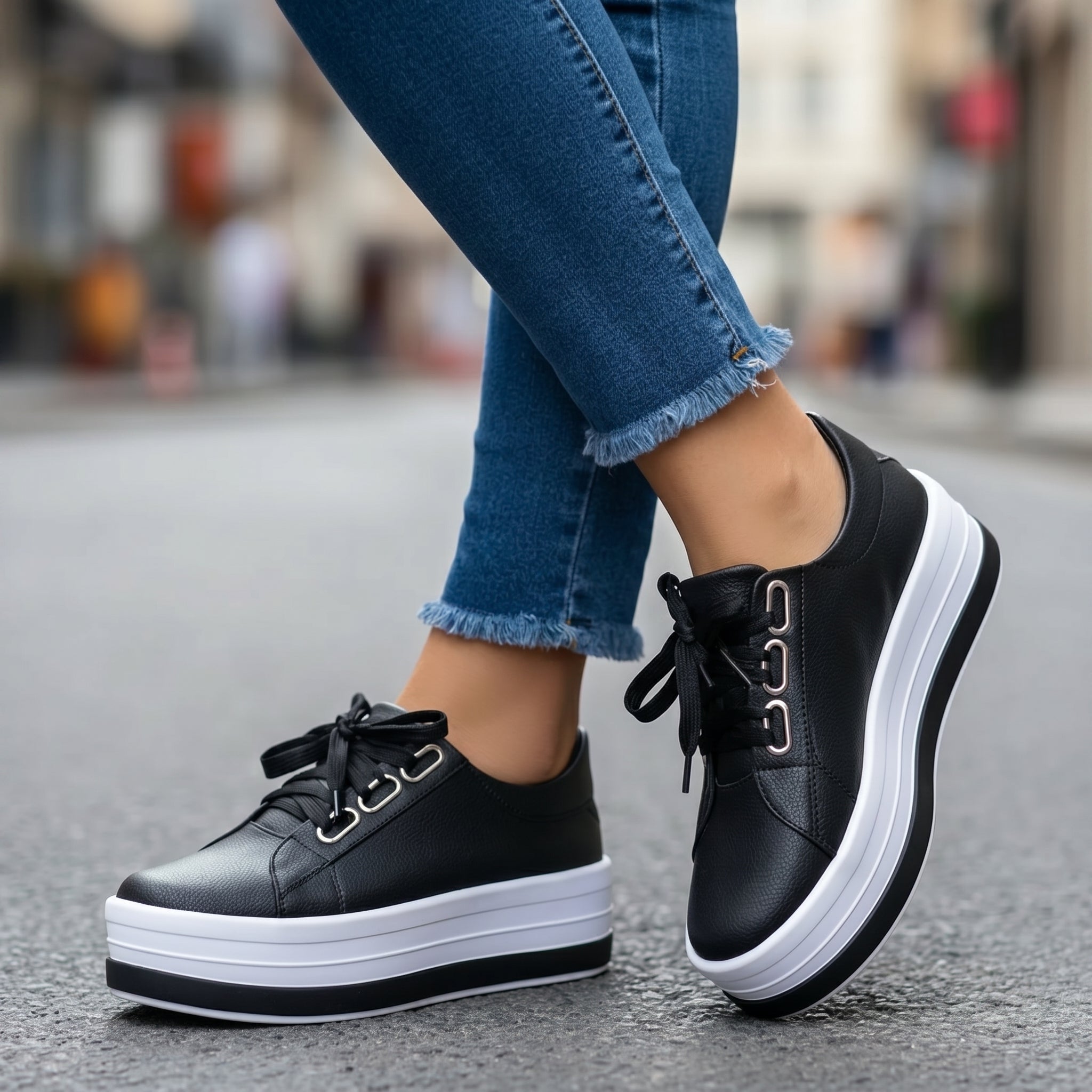 Carina - Women's Ribbon Lace-Up Platform Trainers - Trainers - Black - Davies & Cooper