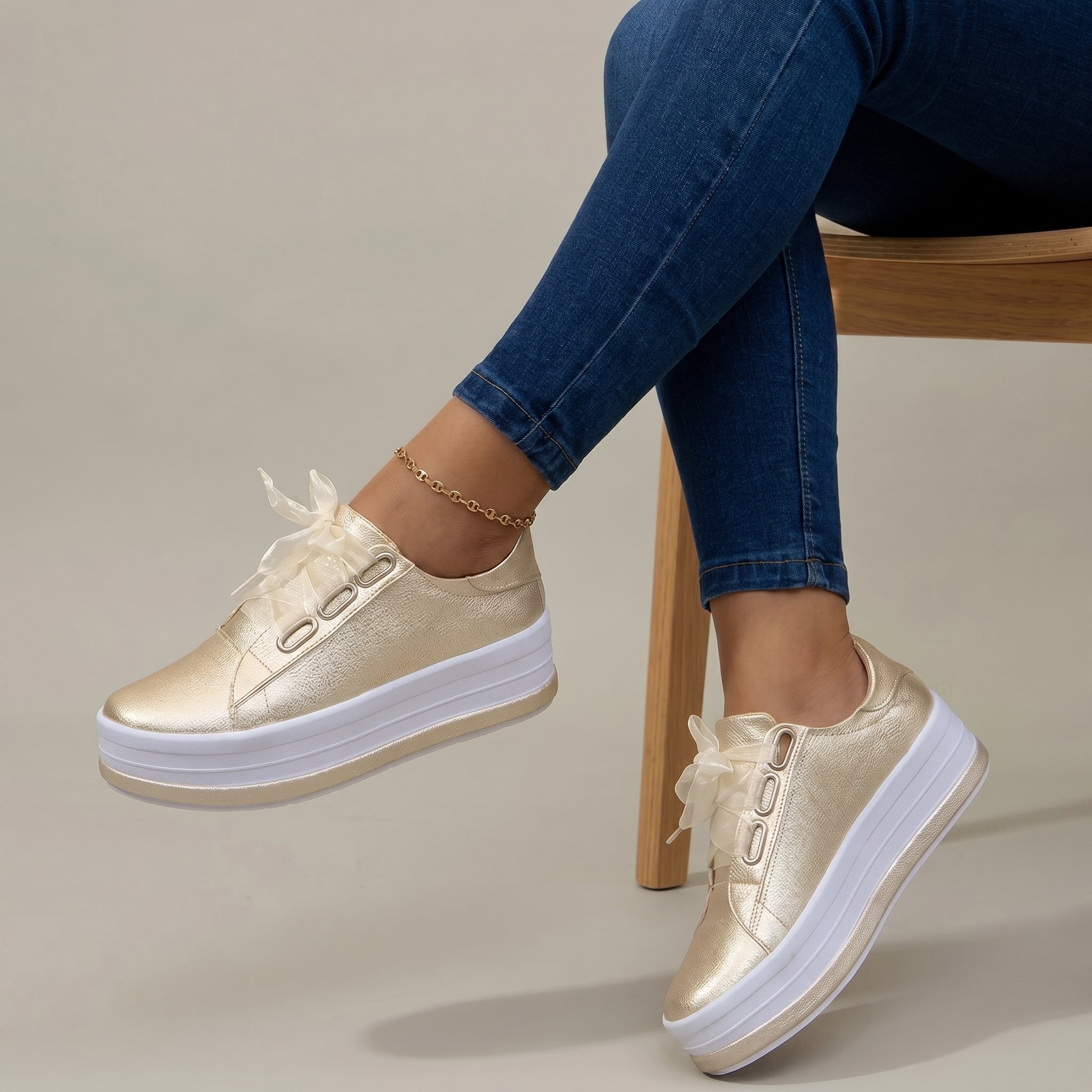 Carina - Women's Ribbon Lace-Up Platform Trainers - Trainers - Gold - Davies & Cooper
