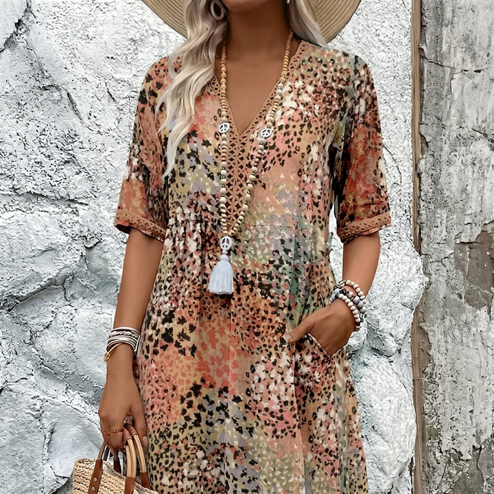 Carina - Women's Summer 3/4 Sleeve Printed Midi Dress - Midi Dress - Beige - Davies & Cooper