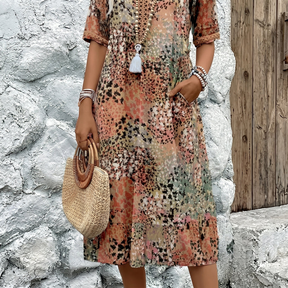 Carina - Women's Summer 3/4 Sleeve Printed Midi Dress - Midi Dress - Beige - Davies & Cooper