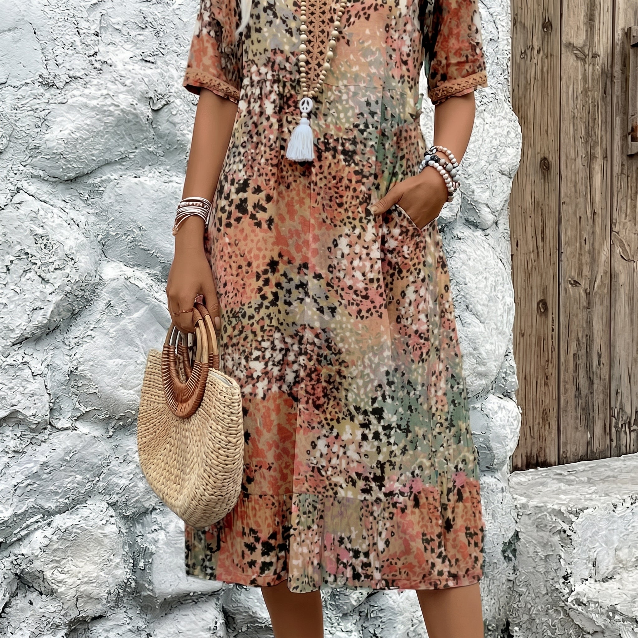 Carina - Women's Summer 3/4 Sleeve Printed Midi Dress - Midi Dress - Beige - Davies & Cooper