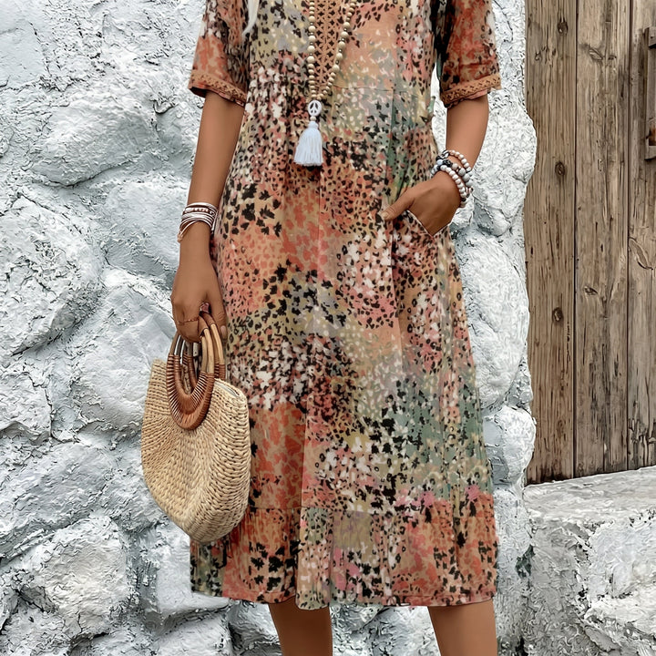 Carina - Women's Summer 3/4 Sleeve Printed Midi Dress - Midi Dress - Beige - Davies & Cooper