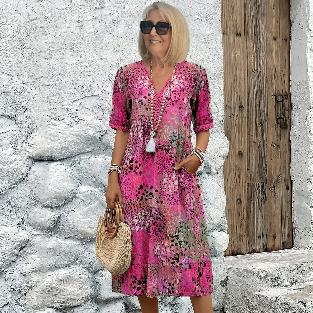 Carina - Women's Summer 3/4 Sleeve Printed Midi Dress - Midi Dress - Pink - Davies & Cooper
