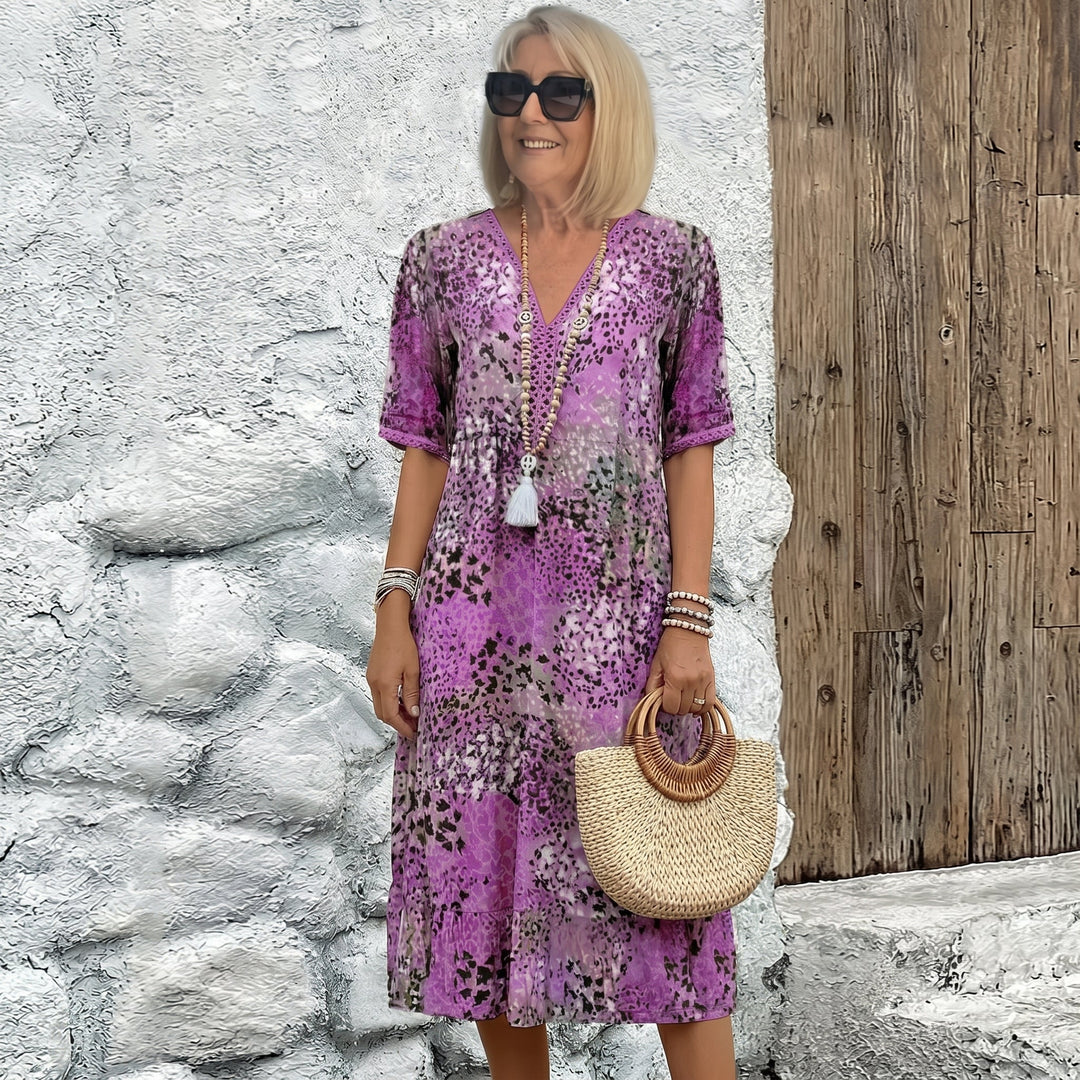 Carina - Women's Summer 3/4 Sleeve Printed Midi Dress - Midi Dress - Purple - Davies & Cooper