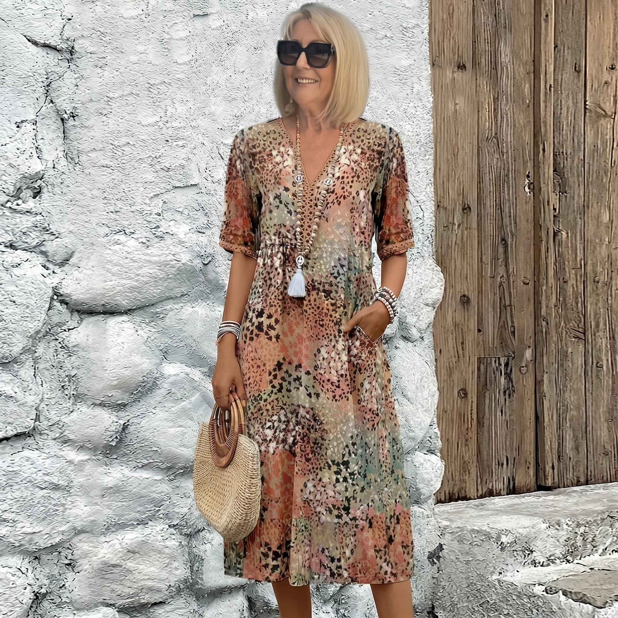 Carina - Women's Summer 3/4 Sleeve Printed Midi Dress - Midi Dress - Beige - Davies & Cooper