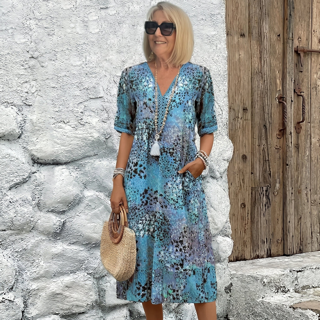 Carina - Women's Summer 3/4 Sleeve Printed Midi Dress - Midi Dress - Blue - Davies & Cooper