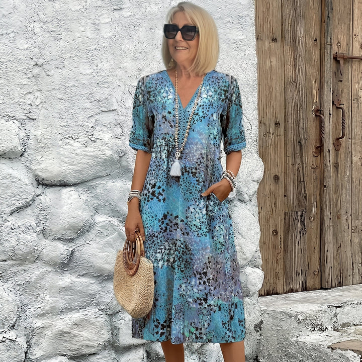 Carina - Women's Summer 3/4 Sleeve Printed Midi Dress - Midi Dress - Blue - Davies & Cooper