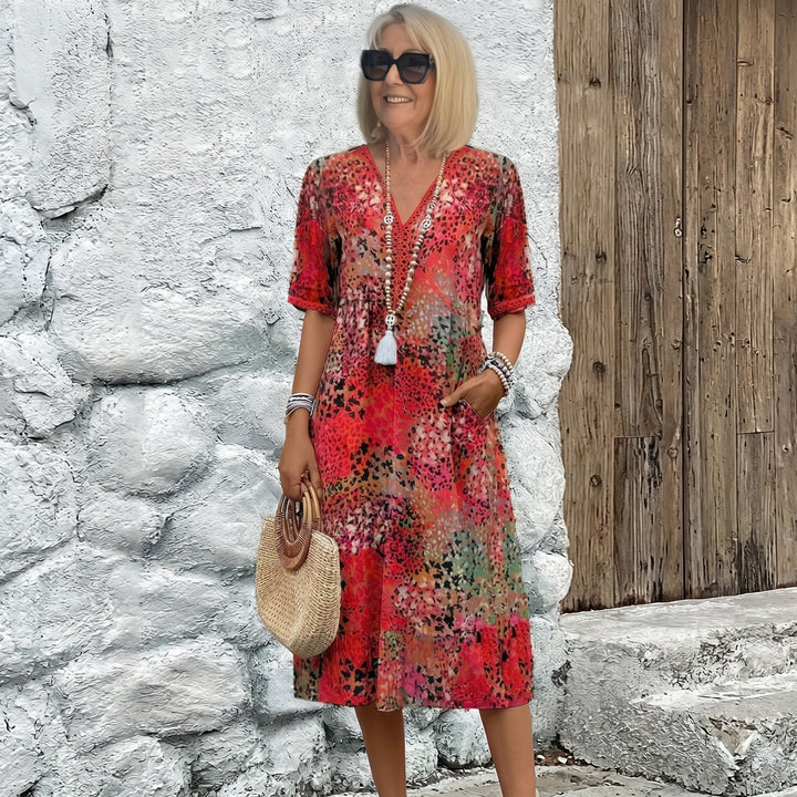 Carina - Women's Summer 3/4 Sleeve Printed Midi Dress - Midi Dress - Red - Davies & Cooper