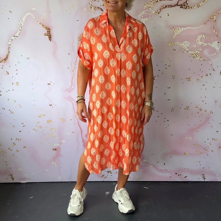 Carina - Women's Summer Print Short Sleeve Midi Dress - Midi Dress - Orange - Davies & Cooper
