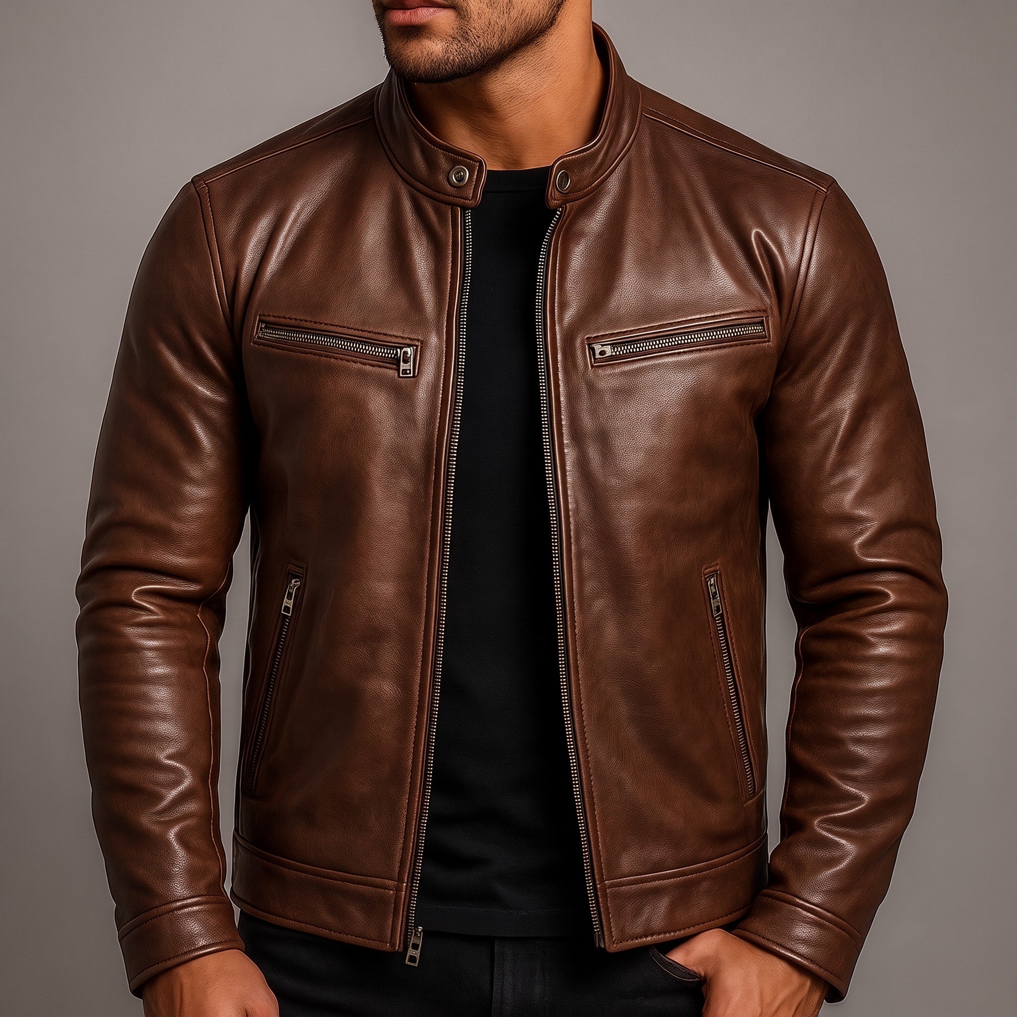 Jack - Men's Leather Biker Jacket with Zip Pockets and Snap Collar