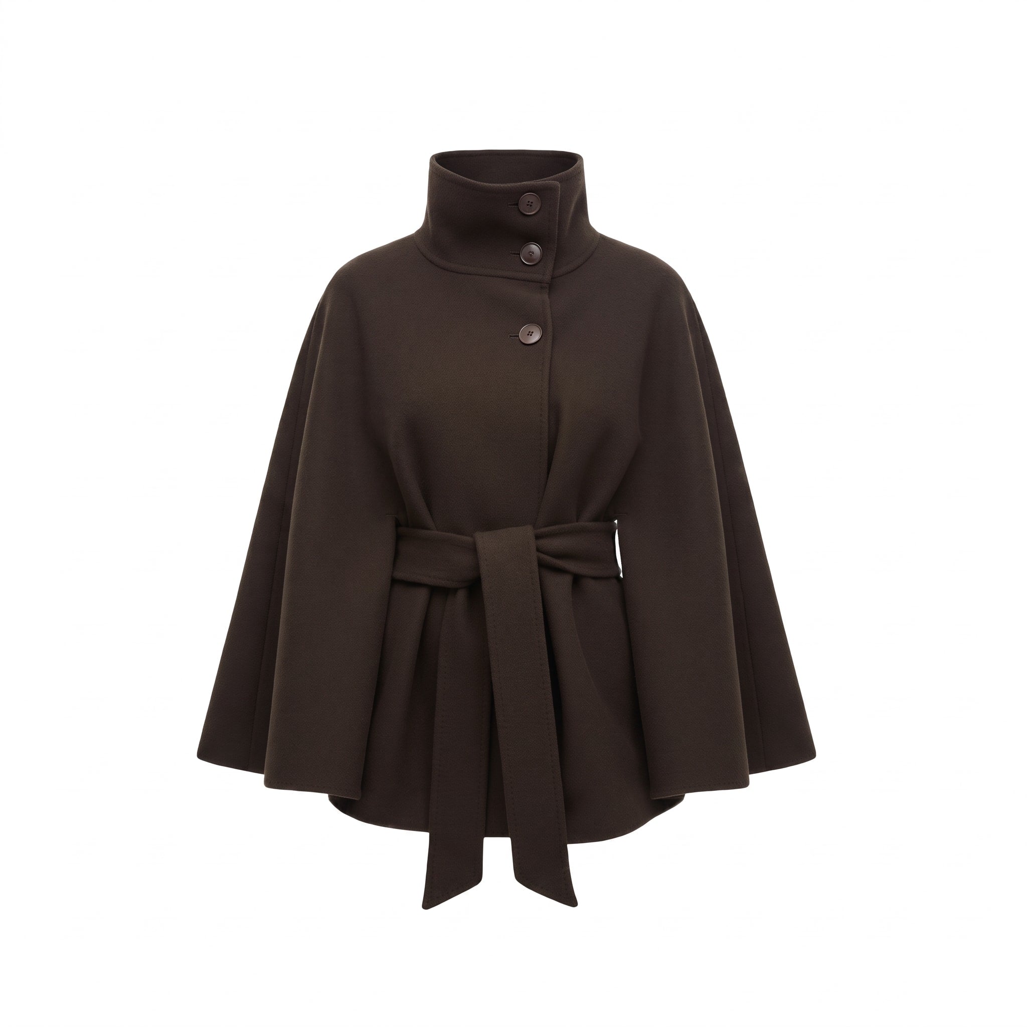 Olivia - Women's Belted Cape Coat with High-Neck Button Collar