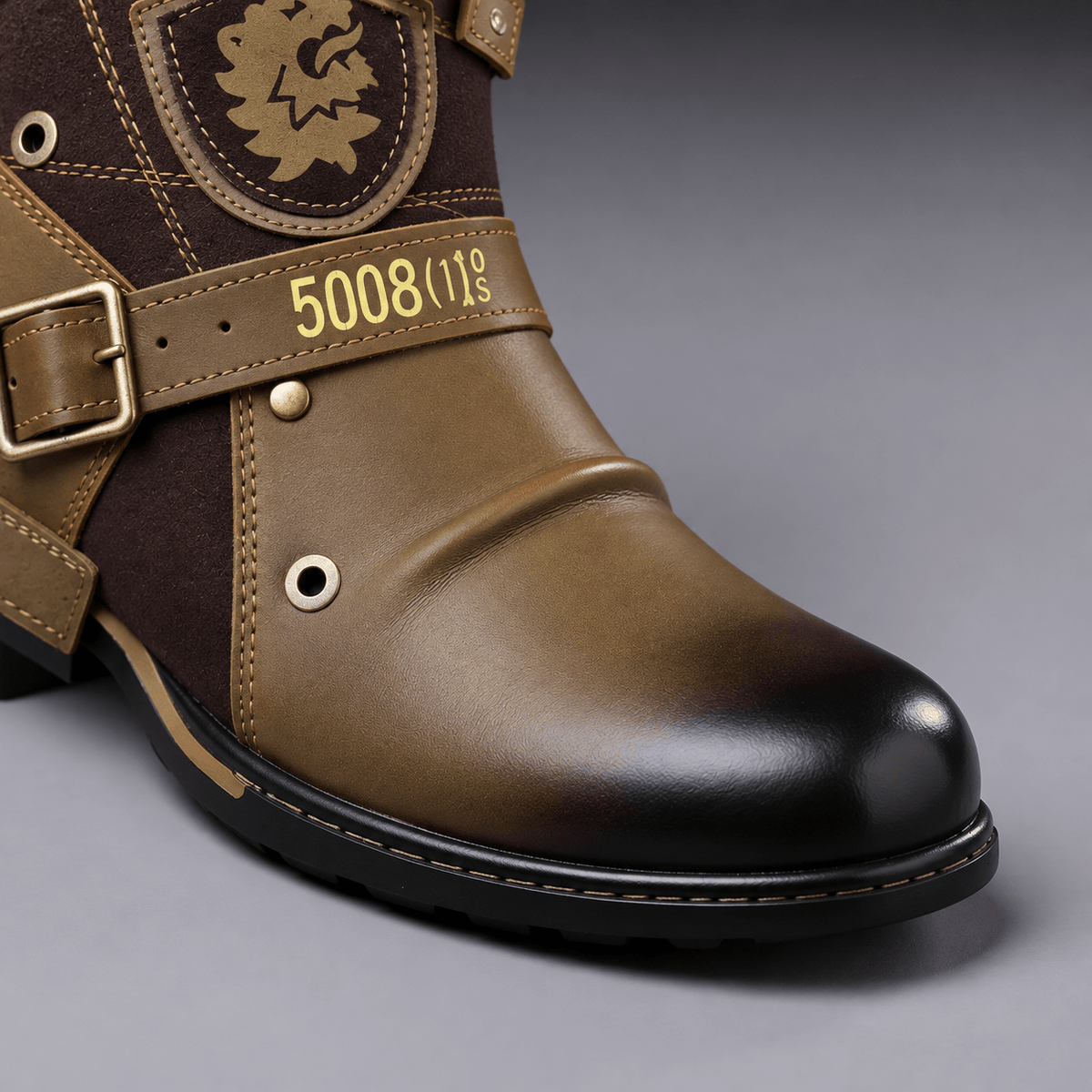 Charles - Men's Buckle Strap Ankle Boots with Shield Emblem Detail - Boots - Light Brown - Davies & Cooper