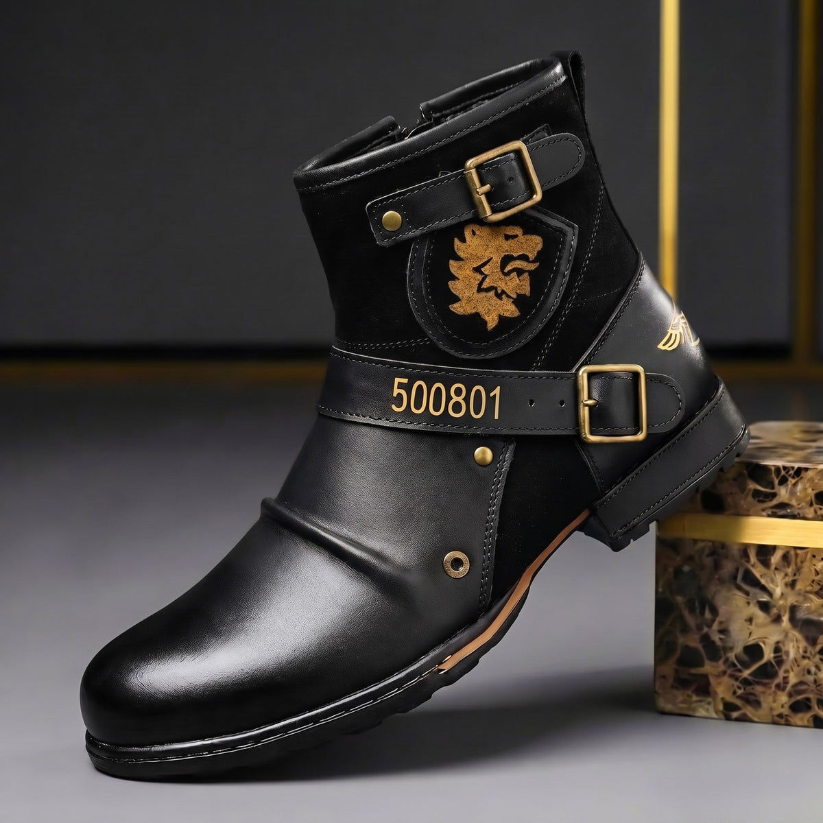 Charles - Men's Buckle Strap Ankle Boots with Shield Emblem Detail - Boots - Black - Davies & Cooper