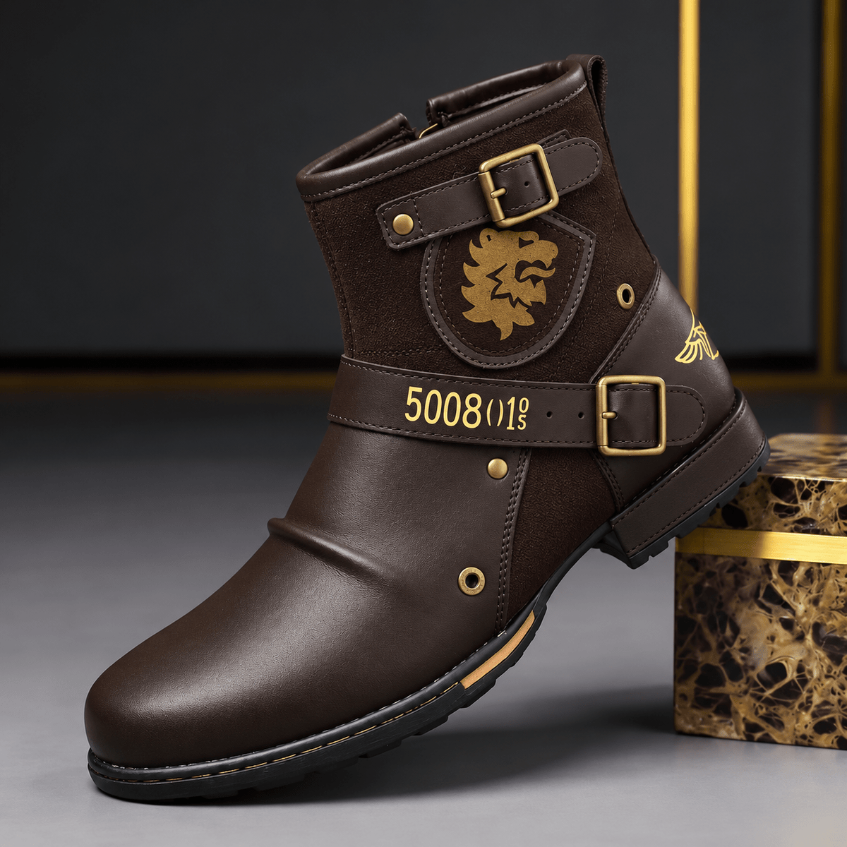 Charles - Men's Buckle Strap Ankle Boots with Shield Emblem Detail - Boots - Dark Brown - Davies & Cooper