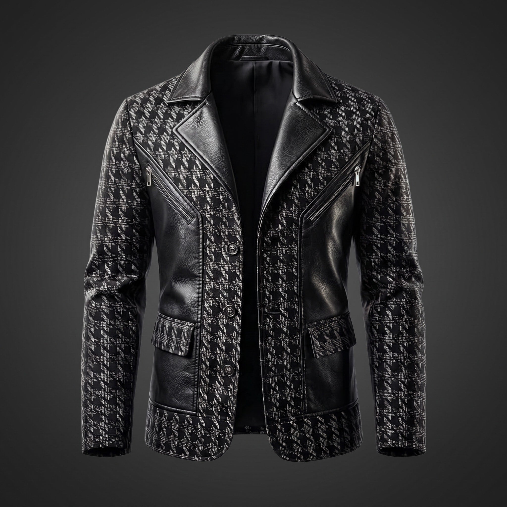 Charles - Men's Houndstooth Print Jacket with Zip Pocket Detail - Blazers - Black - Davies & Cooper