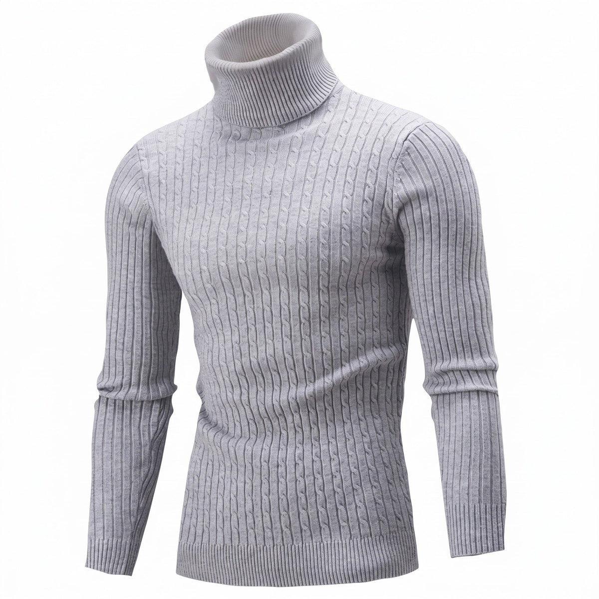 Charlie - Men's Cable Turtleneck Jumper with Ribbed Cuffs - Sweaters - Light Grey - Davies & Cooper