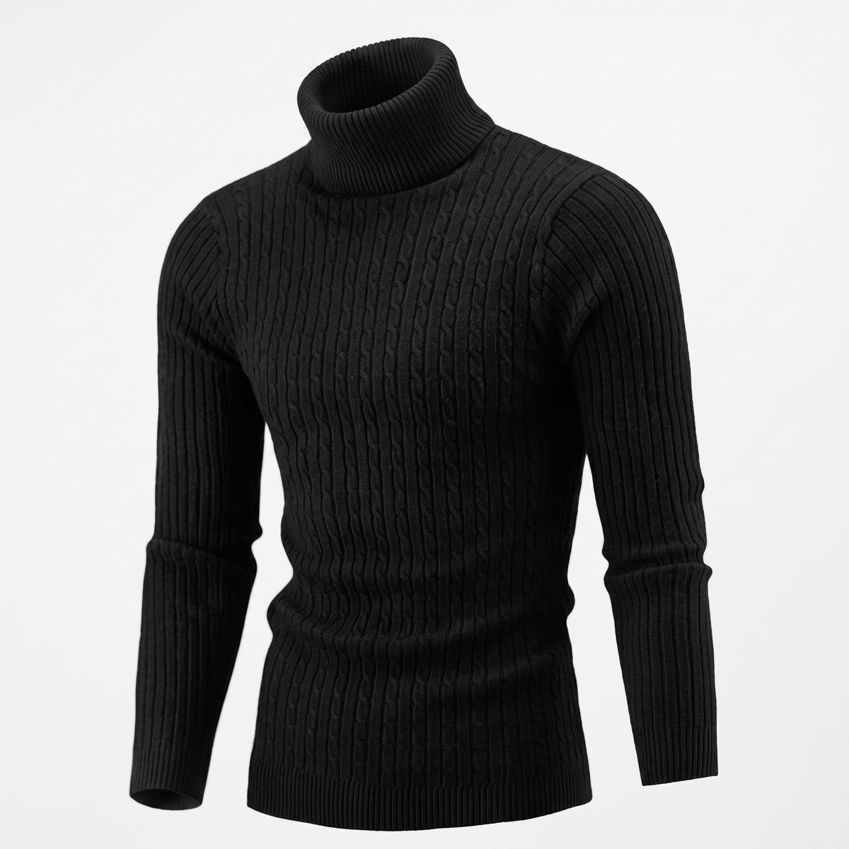 Charlie - Men's Cable Turtleneck Jumper with Ribbed Cuffs - Sweaters - Black - Davies & Cooper