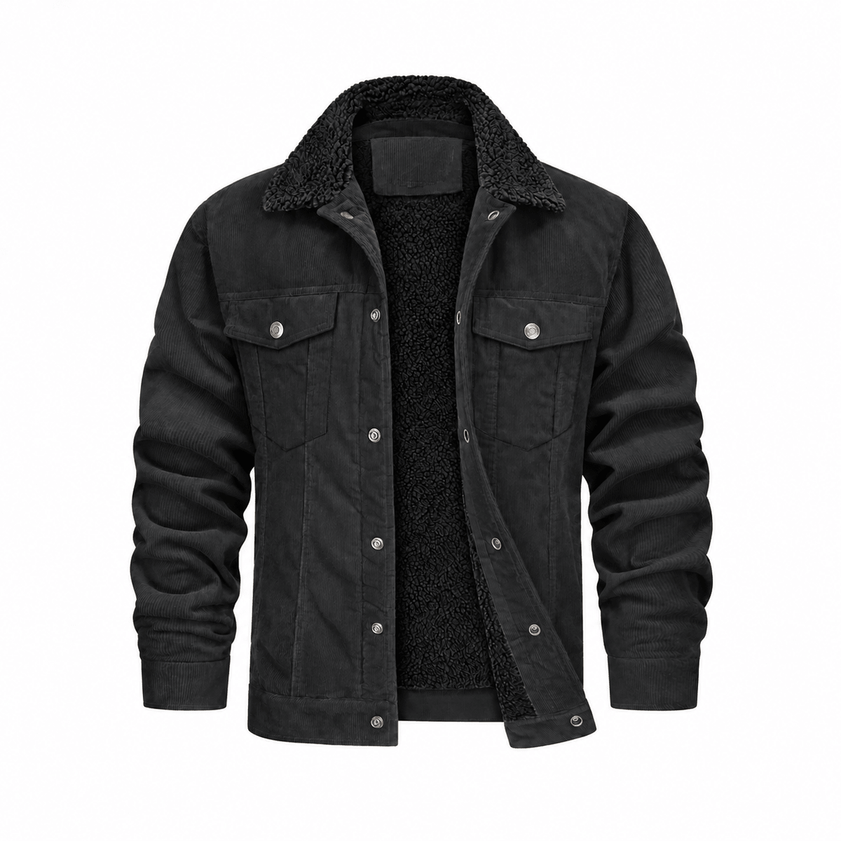 Charlie - Men's Corduroy Trucker Jacket with Cozy Collar and Chest Pockets - Trucker Jackets - Black - Davies & Cooper