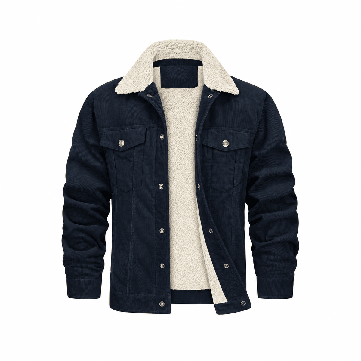 Charlie - Men's Corduroy Trucker Jacket with Cozy Collar and Chest Pockets - Trucker Jackets - Navy Blue - Davies & Cooper