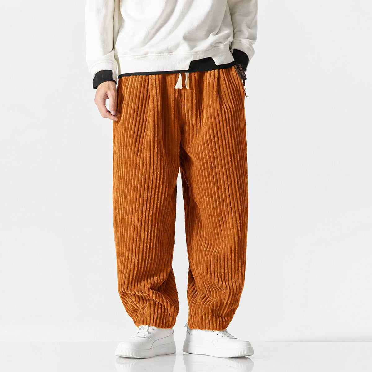 Charlie - Men's Corduroy Wide-Leg Harem Trousers with Drawstring Waist - Trousers - Orange - Davies & Cooper