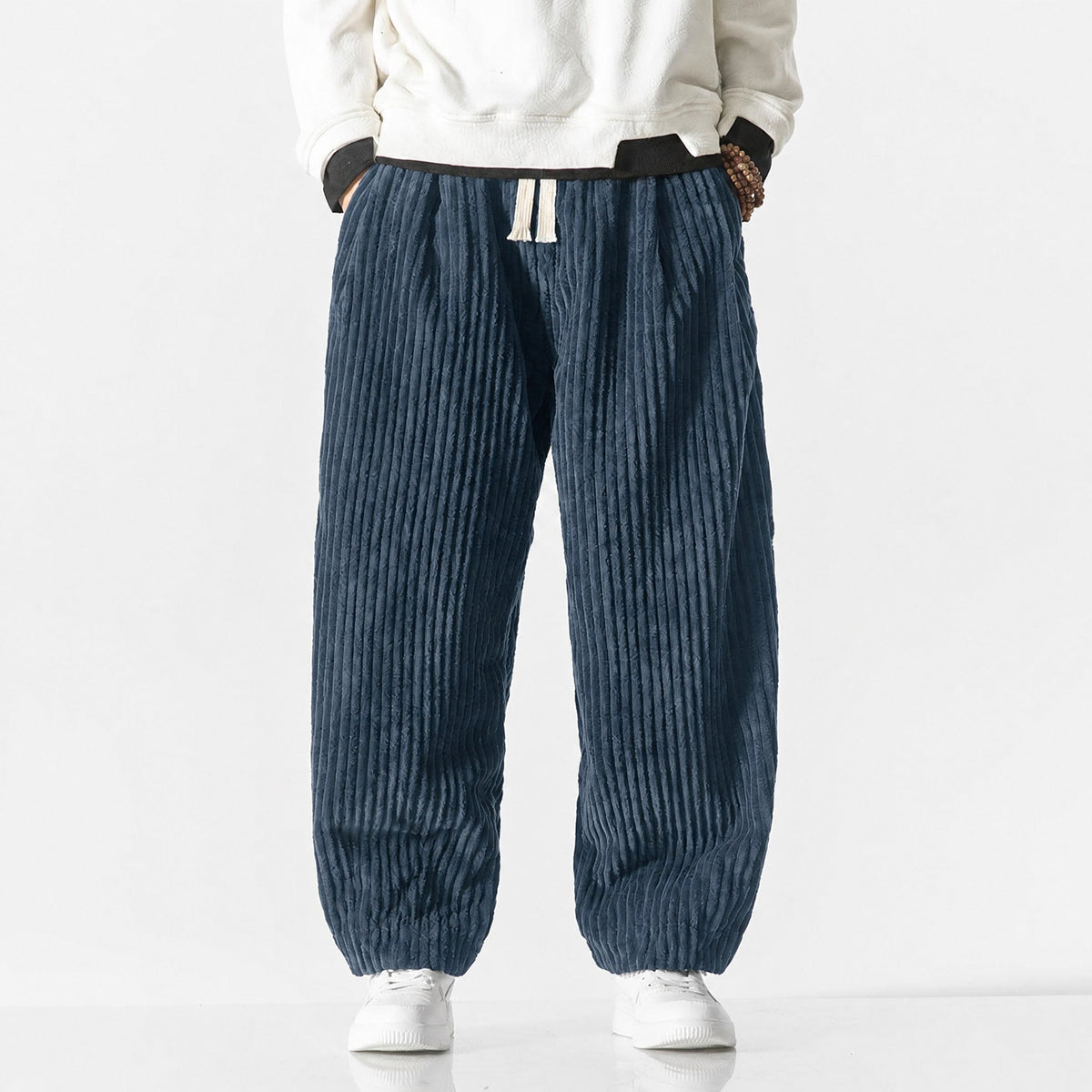Charlie - Men's Corduroy Wide-Leg Harem Trousers with Drawstring Waist - Trousers - Dark Blue - Davies & Cooper