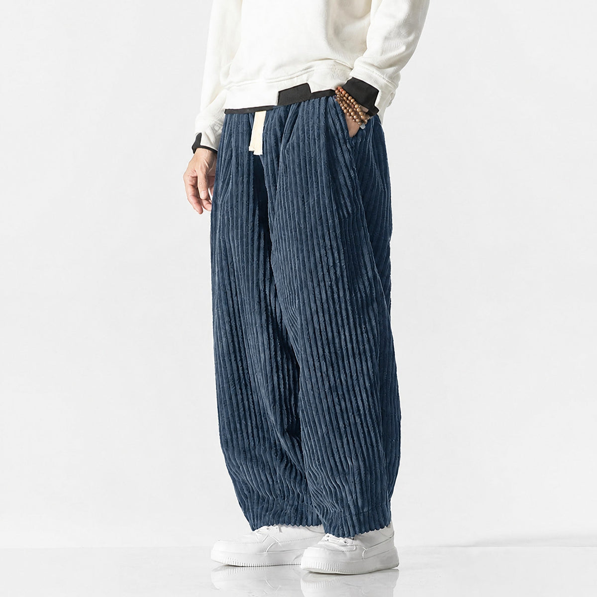 Charlie - Men's Corduroy Wide-Leg Harem Trousers with Drawstring Waist - Trousers - Dark Blue - Davies & Cooper
