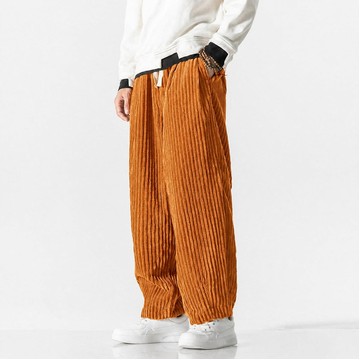 Charlie - Men's Corduroy Wide-Leg Harem Trousers with Drawstring Waist - Trousers - Orange - Davies & Cooper