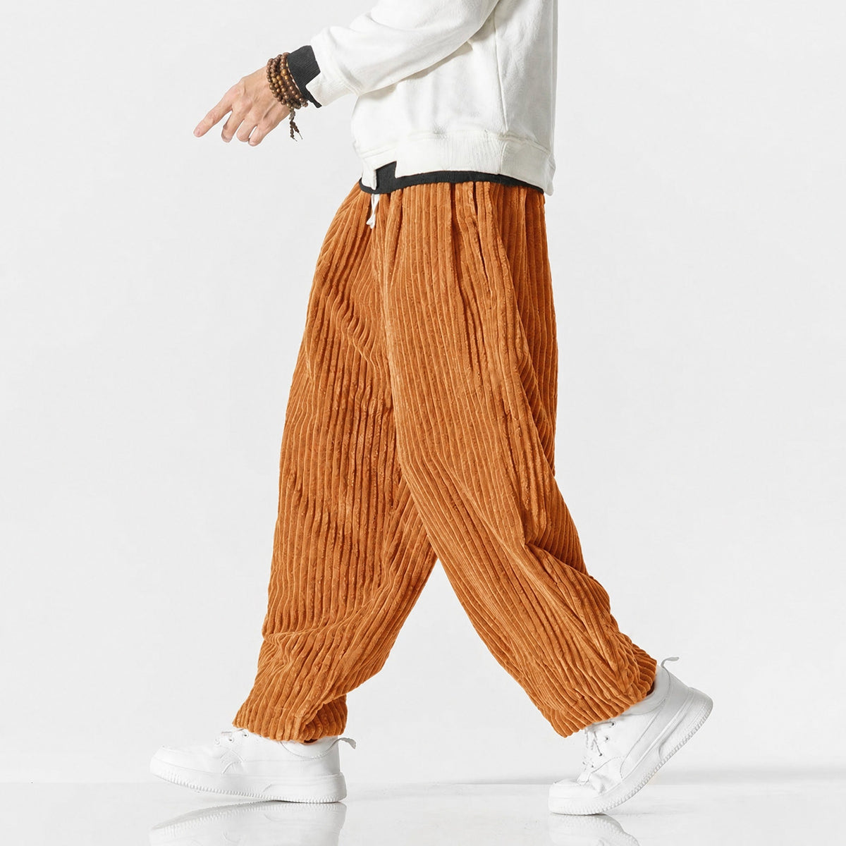 Charlie - Men's Corduroy Wide-Leg Harem Trousers with Drawstring Waist - Trousers - Orange - Davies & Cooper